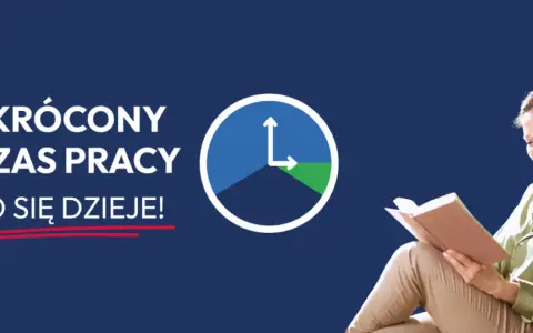 Kobieta czyta książkę obok grafiki zegara i napisu "Skrócony czas pracy".