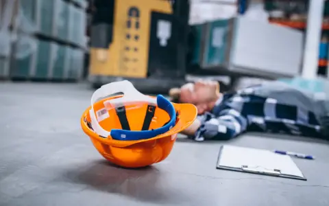 Wypadek w pracy, leżący pracownik, kask i notatki. Czy to będzie uwzględnione w PZU wykaz chorób do odszkodowania?