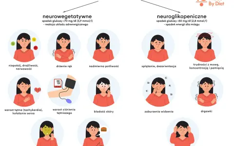 Objawy hipoglikemii reaktywnej: niepokój, drżenie rąk, poty, splątanie, nudności, głód, drgawki, utrata przytomności. Spadek cukru u zdrowej osoby może objawiać się różnie.