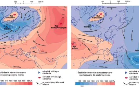 Dwie mapy Europy i Arktyki pokazujące rozkład ciśnienia atmosferycznego. Po lewej wyż wschodni azjatycki, po prawej wyż azorski, oba wskazują na wysokie ciśnienie atmosferyczne.