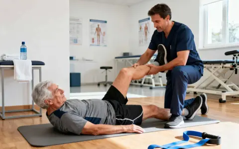 Fizjoterapeuta pomaga starszemu mężczyźnie w ćwiczeniach na macie rehabilitacyjnej.