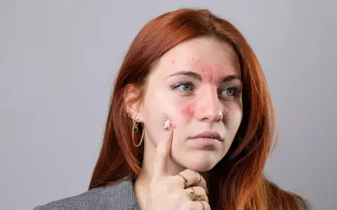 Kobieta z zaczerwienioną twarzą i wysypką na policzkach i czole.