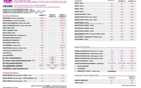 Cennik usług rehabilitacyjnych: fizjoterapia, masaże, kinezyterapia, hydroterapia, gimnastyka grupowa.