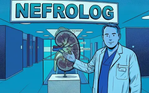 Lekarz w białym kitlu wskazuje na przekrój nerki pod szyldem "NEFROLOG".