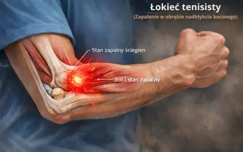 Ból łokcia po zewnętrznej stronie, zapalenie ścięgien i stan zapalny w obrębie nadkłykcia bocznego.
