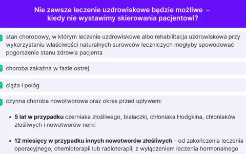 Lista przeciwwskazań do leczenia uzdrowiskowego: stan chorobowy, choroba zakaźna, ciąża, nowotwór.