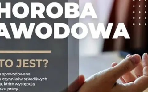 Choroba zawodowa - dłoń w tle, tekst "Choroba zawodowa", "Co to jest?".