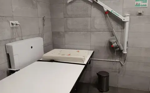 Przewijak dla dorosłych z podnośnikiem, koszem na śmieci i uchwytem na ścianie.