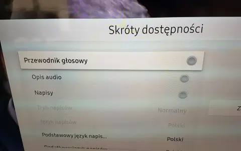 Menu telewizora z opcjami "Przewodnik głosowy", "Opis audio", "Napisy", "Tryb napisów", "Język napisów".