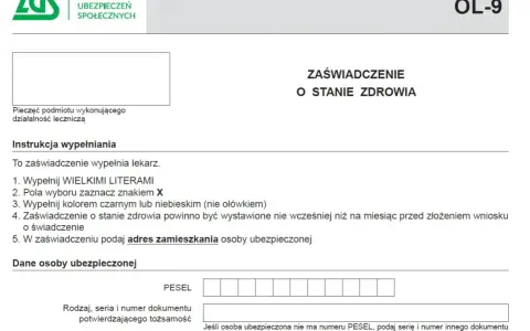 Formularz ZUS OL-9: zaświadczenie o stanie zdrowia, potrzebne do uzyskania orzeczenia o niepełnosprawności. Wypełnia lekarz.