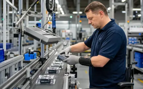 Pracownik w wózku inwalidzkim, w rękawiczkach, montuje elementy na linii produkcyjnej. Dobre warunki pracy chronionej.