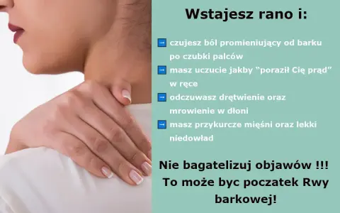 Kobieta z bólem barku, odczuwająca mrowienie i drętwienie ręki. To mogą być objawy rwy barkowej. Leczenie jest ważne.