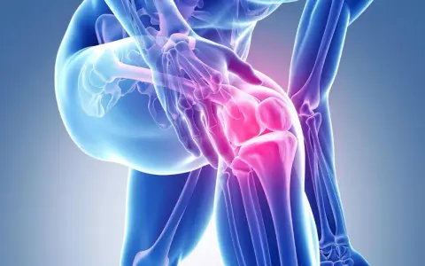 Anatomical illustration of a knee joint with highlighted areas of pain in pink.