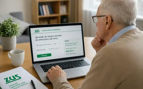 Starszy mężczyzna korzysta z kalkulatora ZUS na laptopie, sprawdzając możliwości dorabiania do emerytury.