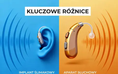 Grafika porównująca implant ślimakowy w uchu z aparatem słuchowym.