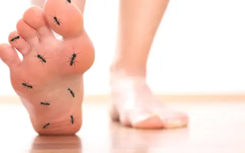 Stopa z mrówkami na podeszwie, symbolizująca neuropatię cukrzycową.