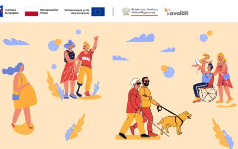 Ilustracja pokazuje różnorodne osoby, w tym kobietę w ciąży, parę z protezą nogi, niewidomego z psem przewodnikiem i rodzinę z osobą na wózku. To wizualizacja idei zawartych w ustawie o dostępności.