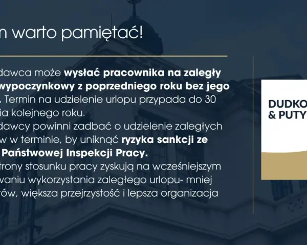 Fragment budynku z tekstem o urlopach zaległych i logo kancelarii prawniczej.