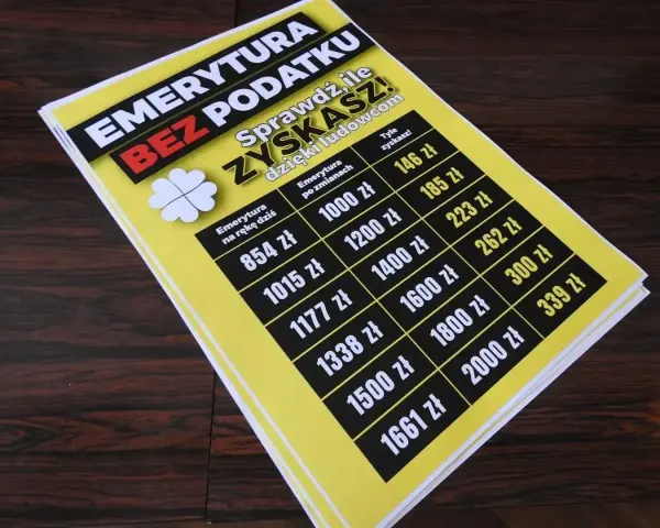 Żółta plansza z tabelą pokazującą zyski z emerytury bez podatku.