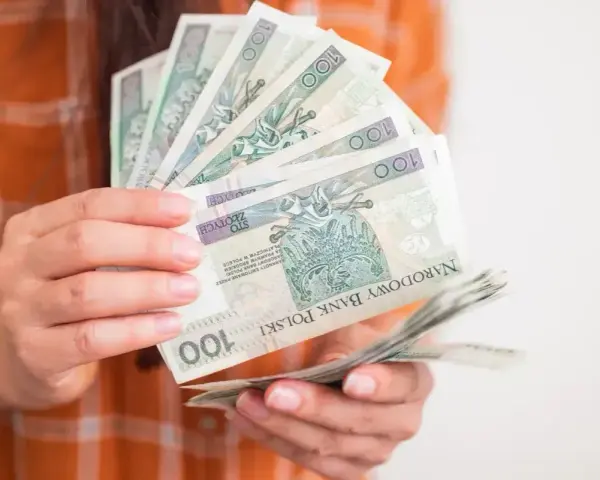 Dłonie trzymające stos banknotów 100 zł. Może to być symbol wsparcia, np. zasilek dla bezrobotnych.