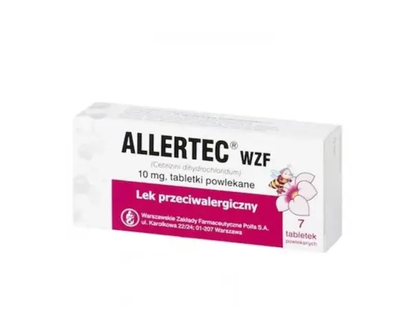 Opakowanie leku Allertec WZF 10 mg, tabletki powlekane, z motywem pszczoły i kwiatu.