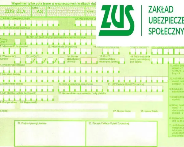 Formularz ZUS ZLA z zielonym logo ZUS i polami do wypełnienia.
