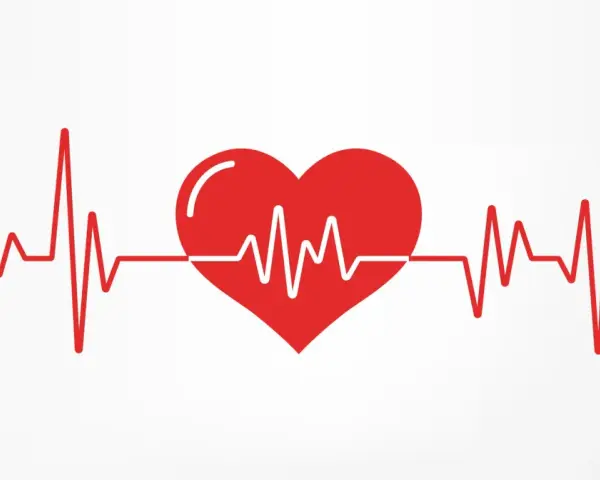 Czerwone serce z linią EKG na białym tle.