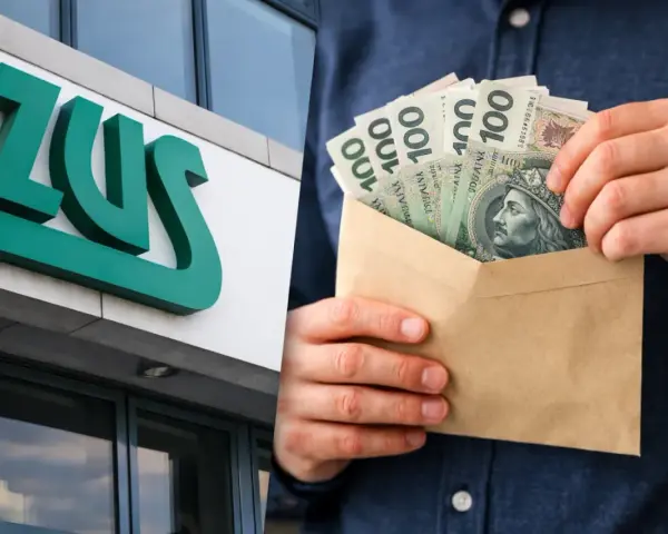 Logo ZUS i ręce trzymające kopertę z polskimi banknotami 100 zł.