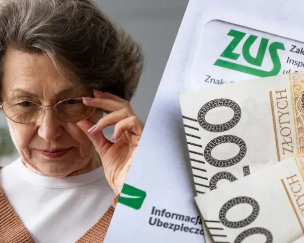 Starsza kobieta w okularach i polskie banknoty z logo ZUS.