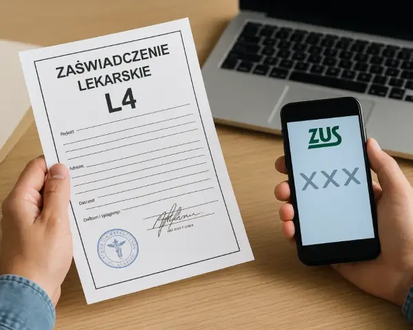 Ręka trzyma L4 i telefon z aplikacją ZUS. Sprawdź, jak sprawdzić, czy ZUS wysłał pieniądze za zwolnienie.