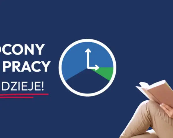 Kobieta czyta książkę obok grafiki zegara i napisu "Skrócony czas pracy".