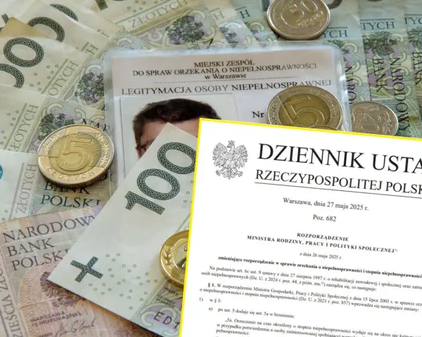 Legitymacja osoby niepełnosprawnej, monety i banknoty polskie.