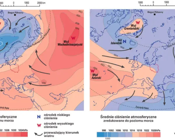 Dwie mapy Europy i Arktyki pokazujące rozkład ciśnienia atmosferycznego. Po lewej wyż wschodni azjatycki, po prawej wyż azorski, oba wskazują na wysokie ciśnienie atmosferyczne.