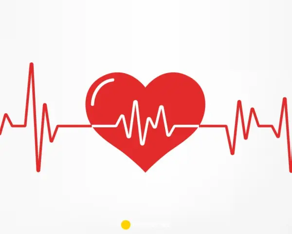 Czerwone serce z linią EKG na białym tle.