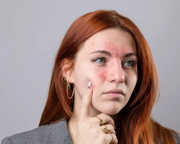 Kobieta z zaczerwienioną twarzą i wysypką na policzkach i czole.