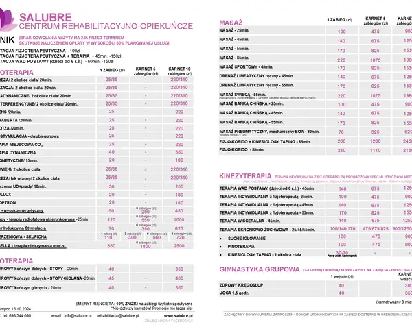 Cennik usług rehabilitacyjnych: fizjoterapia, masaże, kinezyterapia, hydroterapia, gimnastyka grupowa.
