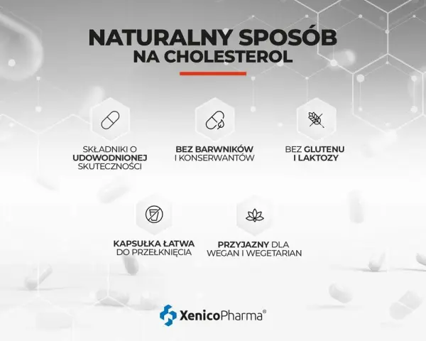 Naturalny sposób na cholesterol. Kapsułki XenicoPharma z udowodnioną skutecznością, bez barwników, konserwantów, glutenu i laktozy. Przyjazne dla wegan.