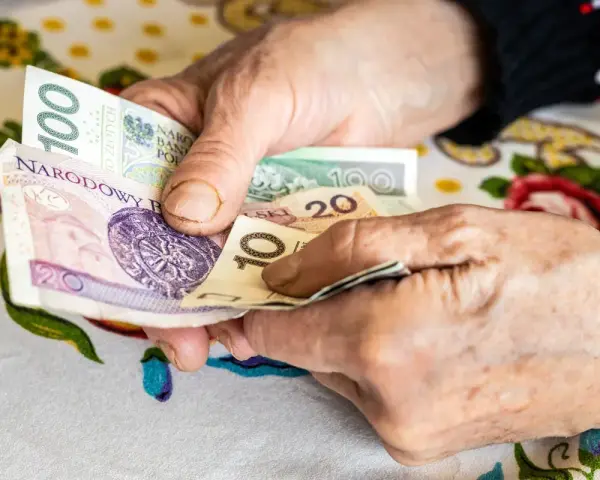 Dłonie starszej osoby liczą pieniądze. Może to być dodatek opiekuńczy po 80 roku życia, zapewniający wsparcie finansowe.