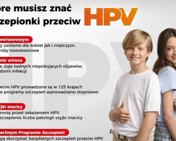 Uśmiechnięci nastolatkowie, chłopiec i dziewczynka, na tle informacji o szczepionce HPV.