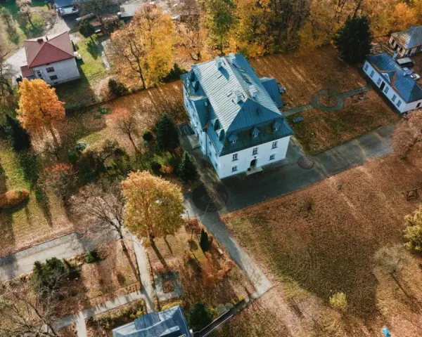 Widok z lotu ptaka na wieś z budynkami i jesiennymi drzewami pokrytymi liśćmi.