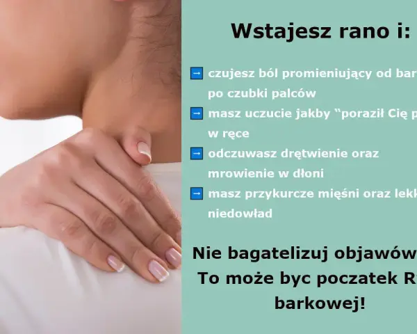 Kobieta z bólem barku, odczuwająca mrowienie i drętwienie ręki. To mogą być objawy rwy barkowej. Leczenie jest ważne.