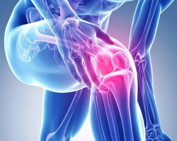Anatomical illustration of a knee joint with highlighted areas of pain in pink.