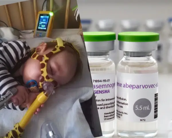 Chore niemowlę podłączone do aparatury medycznej obok fiolek z lekiem.