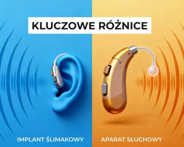 Grafika porównująca implant ślimakowy w uchu z aparatem słuchowym.