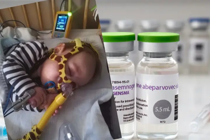 Chore niemowlę podłączone do aparatury medycznej obok fiolek z lekiem.