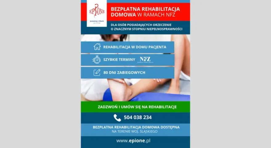 Plakat informujący o bezpłatnej rehabilitacji domowej NFZ dla osób ze znacznym stopniem niepełnosprawności.
