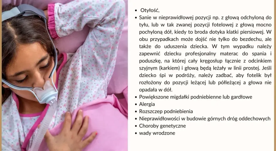 Dziecko z maską CPAP, które może mieć bezdech. Na ekranie lista przyczyn bezdechu u dziecka.