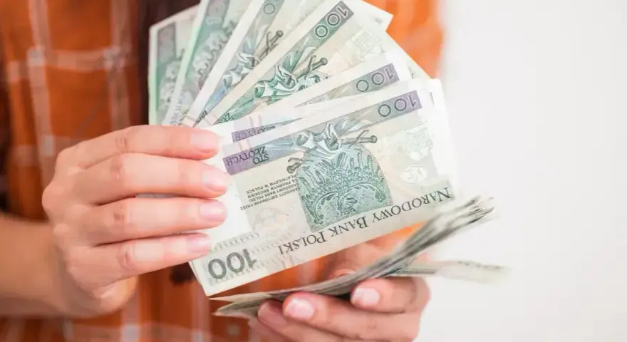 Dłonie trzymające stos banknotów 100 zł. Może to być symbol wsparcia, np. zasilek dla bezrobotnych.