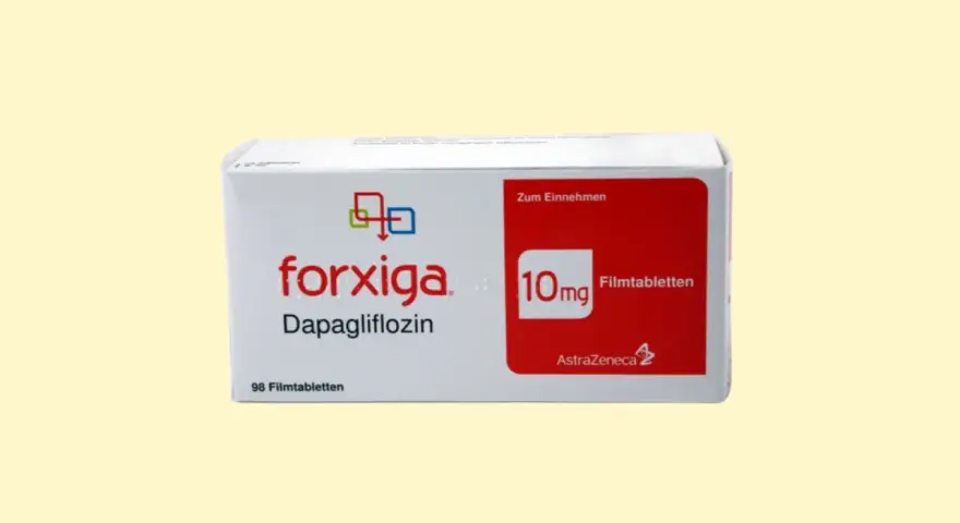 Opakowanie leku Forxiga (dapagliflozyna) 10 mg, 98 tabletek.