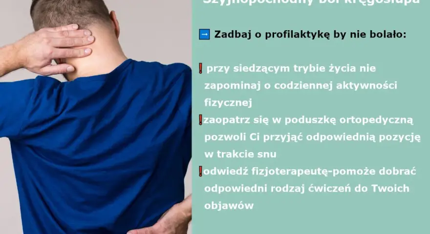 Mężczyzna trzyma się za kark i dolną część pleców, sugerując ból kręgosłupa. Tekst informuje o profilaktyce, by uniknąć bólu, który może powodować zawroty głowy od kręgosłupa.